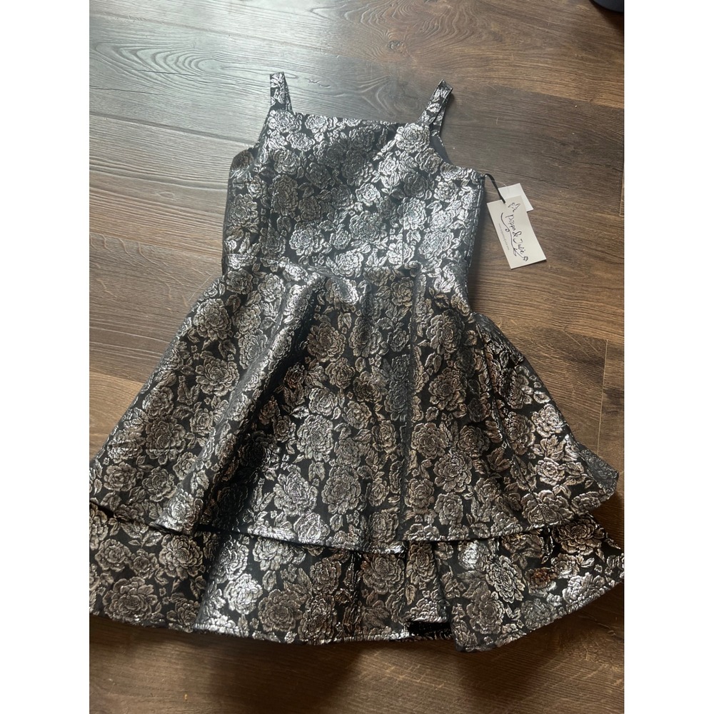 Pippa & Julie Girls Pewter Grey Floral Brocade Tiered Party Dress Size 12 NWT